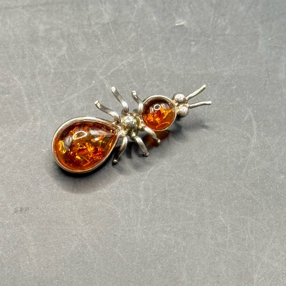 Vintage Sterling Silver Amber Ant Brooch